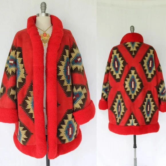 Vintage Valentino Boutique Shearling leather suede Aztec Tribal jacket coat - Picture 1 of 13